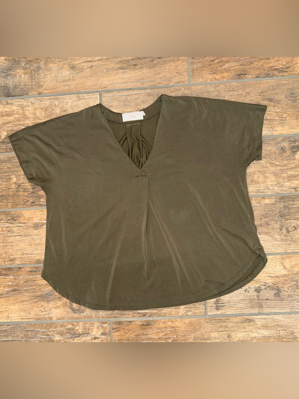 Olive Green V-Neck Pleated Short Sleeve Women's Top